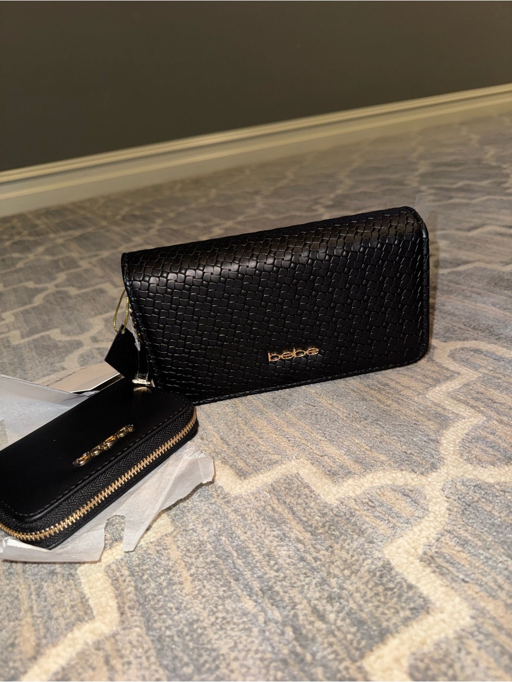 bebe Black Quilted purse Wallet & Zip Wallet Set with Gold Chain